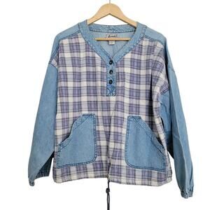 Lajate Women Denim Top M Blue Plaid Cotton Long Sleeve Front Pockets Vintage 90s
